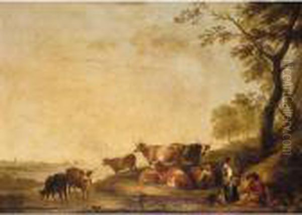 Peasants And Cattle In A River Landscape Oil Painting by Aelbert Cuyp