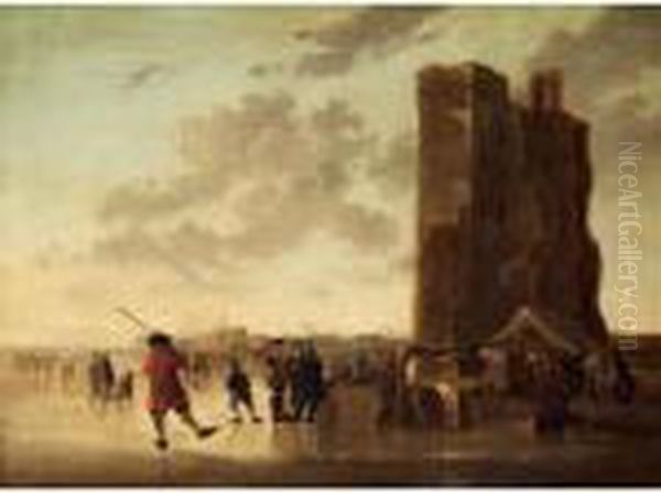 A Winter River Landscape With Skaters Before The Huis Te Merwede Near Dordrecht Oil Painting by Aelbert Cuyp