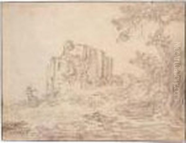 A Double Sided Drawing Of The Ruins Of A Castle, Seen From Two Different Angles Oil Painting by Aelbert Cuyp