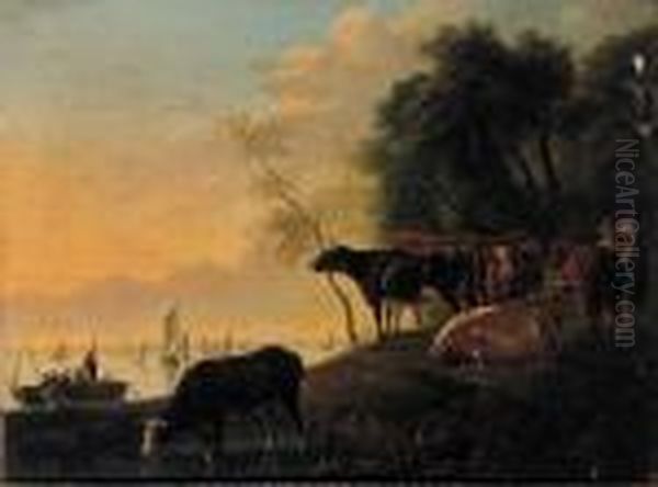 Cowherds And Cattle On A Riverbank On A Summer's Day Oil Painting by Aelbert Cuyp