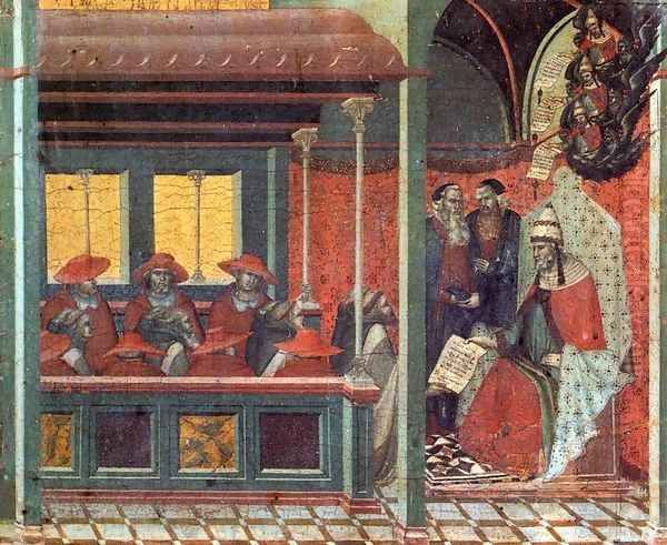 Predella panel The Pope Issues a Bull to a Carmelite Delegation Oil Painting by Pietro Lorenzetti