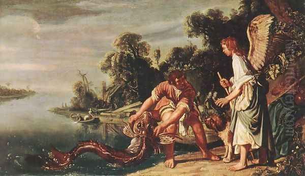 The Angel and Tobias with the Fish c. 1625 Oil Painting by Pieter Pietersz. Lastman