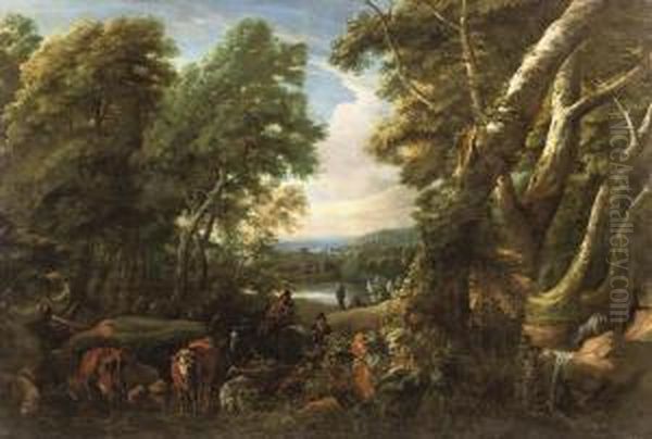 A Wooded Landscape With Shepherds And Cattle Resting Near Alake Oil Painting by Jaques D'Arthois