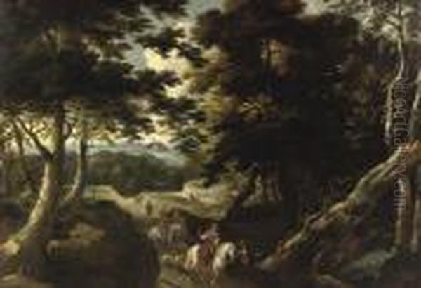 A Forest Landscape With An Elegant Company On A Falcon Hunt Oil Painting by Jaques D'Arthois