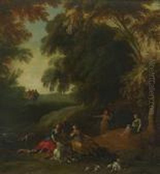 Diana Mit Ihren Gefahrtinnen Und Jagdhunden Bei Der Rast In Waldlandschaft. Oil Painting by Jaques D'Arthois