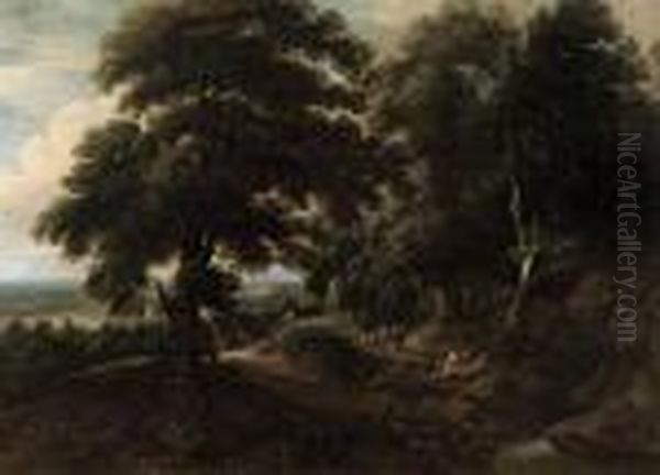 A Wooded Landscape With Travellers On A Track Oil Painting by Jaques D'Arthois