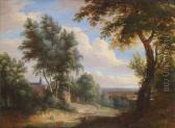 Hugelige Landschaft Miteinem Dorf Zwischen Baumen Und Weitem Ausblick Oil Painting by Jaques D'Arthois