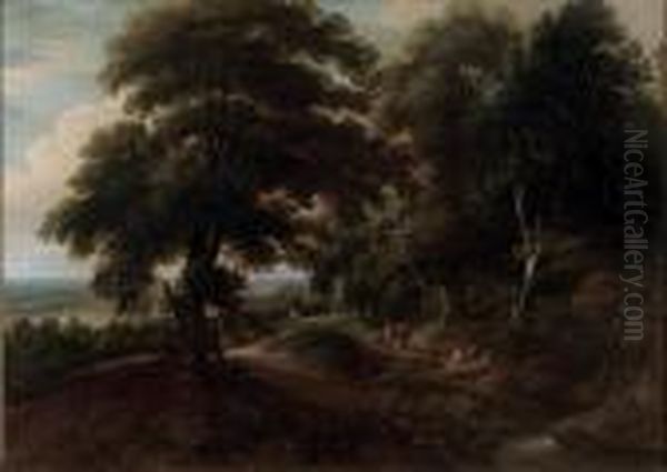 A Wooded Landscape With Travellers On A Track Oil Painting by Jaques D'Arthois