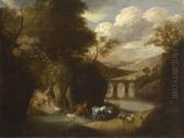 Hirte Mit Herde In Flusslandschaft Oil Painting by Jaques D'Arthois