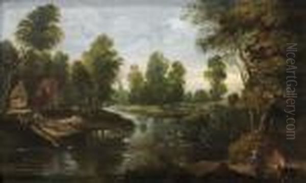 Chasseurs A L'affut Dans Un Paysage De Riviere Oil Painting by Jaques D'Arthois