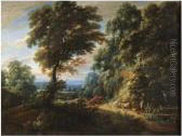 A Wooded Landscape With A 
Shepherdess Passing A Steep Bank,probably On The Edge Of The Foret De 
Soignes Oil Painting by Jaques D'Arthois