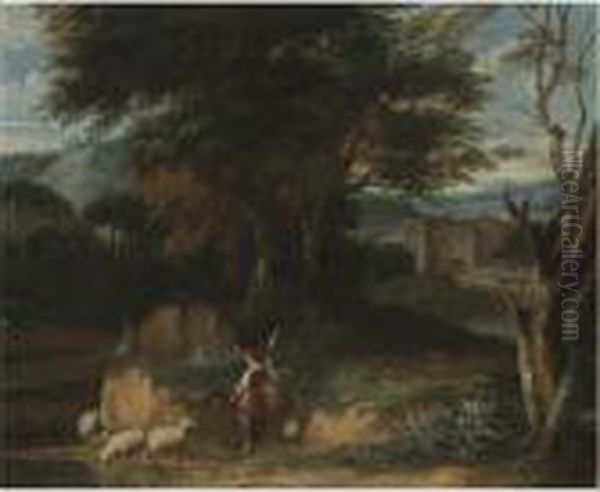 A Wooded Landscape With A Shepherdess Tending Her Flock, A Castlebeyond Oil Painting by Jaques D'Arthois