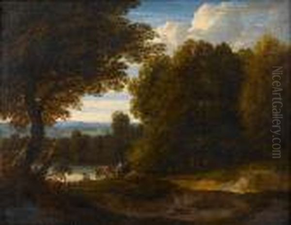 A Wooded Landscape With A Drover And Hiscattle Beside A River Oil Painting by Jaques D'Arthois