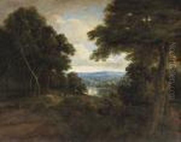 An Extensive Wooded Landscape With Travellers On A Path Oil Painting by Jaques D'Arthois