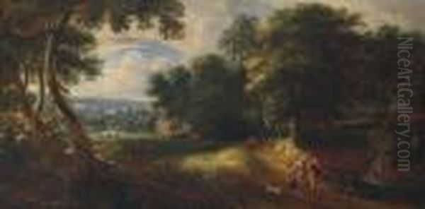 An Extensive Wooded Landscape With Venus And Adonis Oil Painting by Jaques D'Arthois