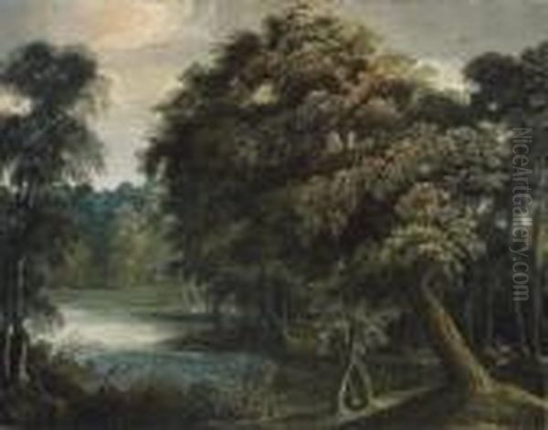 An Extensive Wooded River Landscape With A Hunter In The Foreground Oil Painting by Jaques D'Arthois