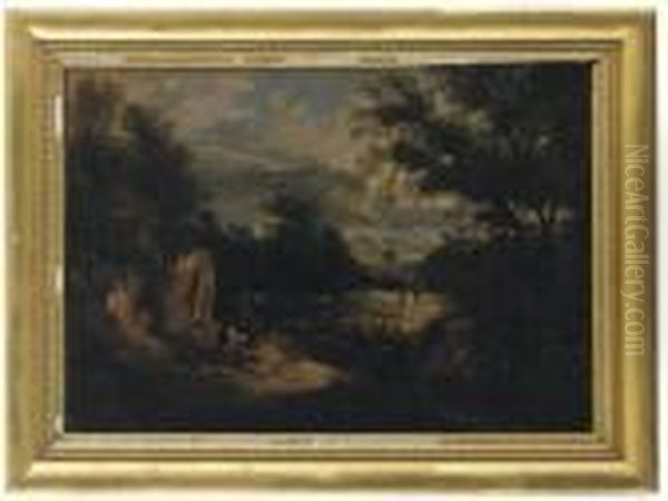 An Extensive Mountainous Landscape With Travellers On A Path Oil Painting by Jaques D'Arthois