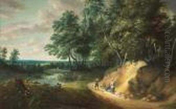 An Extensive Wooded Landscape With Figures Conversing On A Path Oil Painting by Jaques D'Arthois