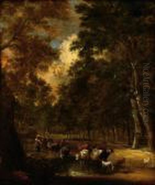 Two Figures With Cows In A Wooded Landscape Oil Painting by Jaques D'Arthois