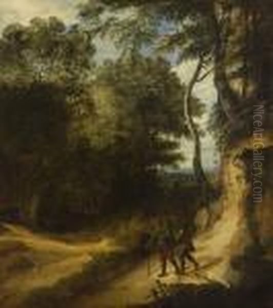 Baumlandschaft Mit Zwei Wanderern. Oil Painting by Jaques D'Arthois