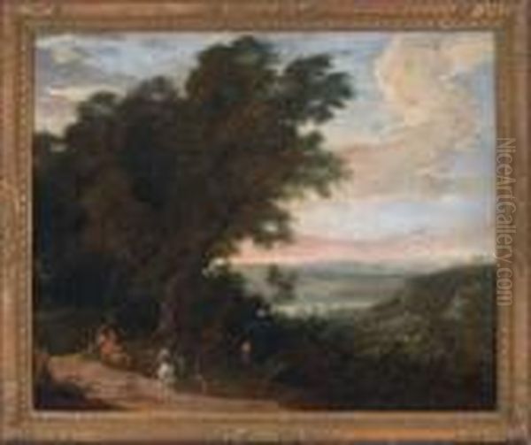 Weite Landschaft Mit Reitern Und Landstreichern An Einer Baumgruppe Oil Painting by Jaques D'Arthois