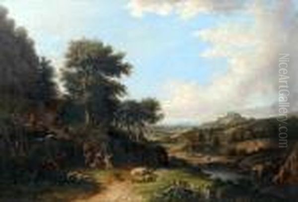 Athois Figures And Animals With A Hilltown In The Distance Oil Painting by Jaques D'Arthois