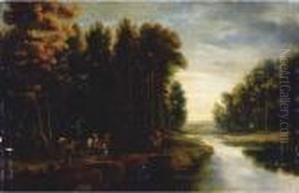 A Wooded River Landscape With Soldiers And Travellers On A Path Oil Painting by Jaques D'Arthois