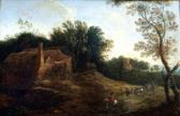 Travellers On A Path Near A Farm And A Church Oil Painting by Jaques D'Arthois