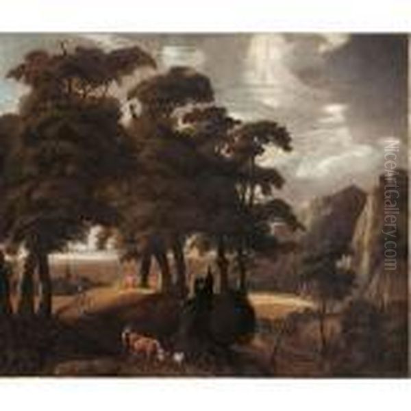 A Wooded Landscape With A 
Peasant And His Herd Together With Other Travellers On A Path, A Village
 In The Background Oil Painting by Jaques D'Arthois