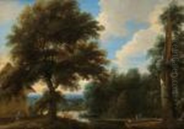 Paesaggio Boschivo Con Uno Stagno E Figure Oil Painting by Jaques D'Arthois