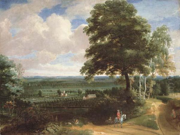 A Panoramic Landscape With A 
Huntsman On A Path And A Manor House With Formal Gardens Beyond Oil Painting by Jaques D'Arthois