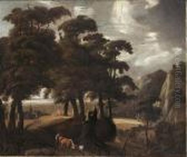 Wooded Landscape With A Peasant 
And His Herd Together With Other Travellers On A
 Path A Village In The Background Oil Painting by Jaques D'Arthois