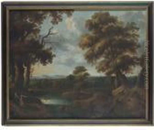 A Wooded River Landscape With Exotic Figures Gesturing Andshepherds, Mountains Beyond Oil Painting by Jaques D'Arthois