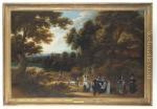 Group Portrait Of A Family In A Wooded Landscape With A Lake Andcastle Beyond Oil Painting by Jaques D'Arthois