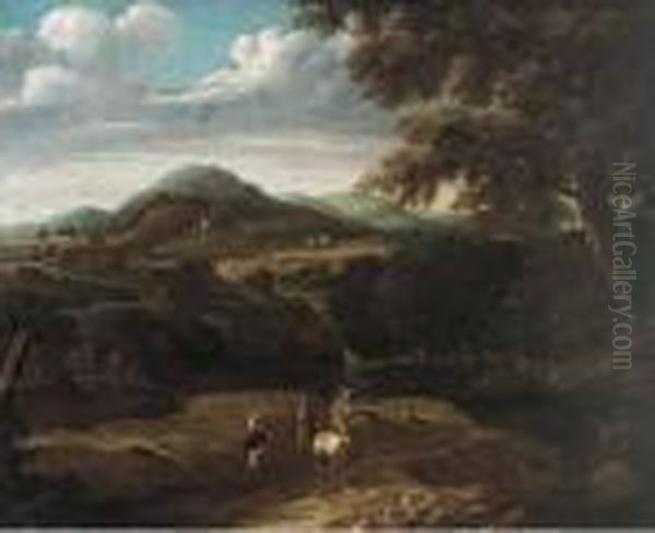 A Wooded Mountainous Landscape With Travellers On A Track Oil Painting by Jaques D'Arthois