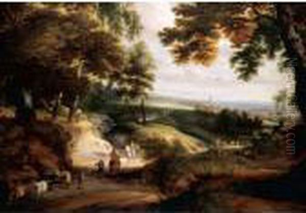 A Wooded Landscape With 
Huntsmen, Drovers And Cattle On A Track In The Foreground, A Church In 
The Distance Oil Painting by Jaques D'Arthois