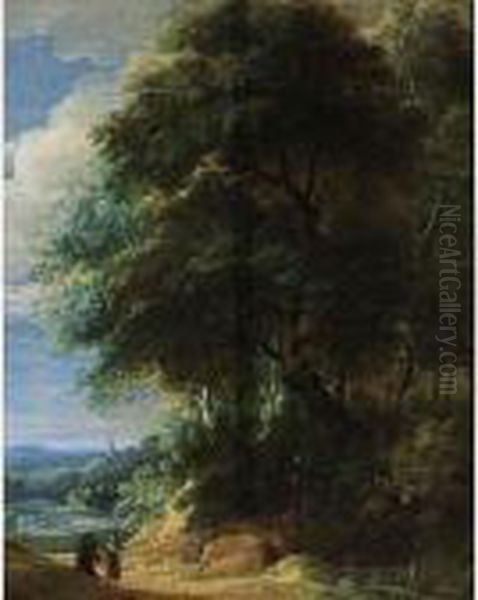 A Wooded Landscape With Two Travellers Conversing On A Path Oil Painting by Jaques D'Arthois