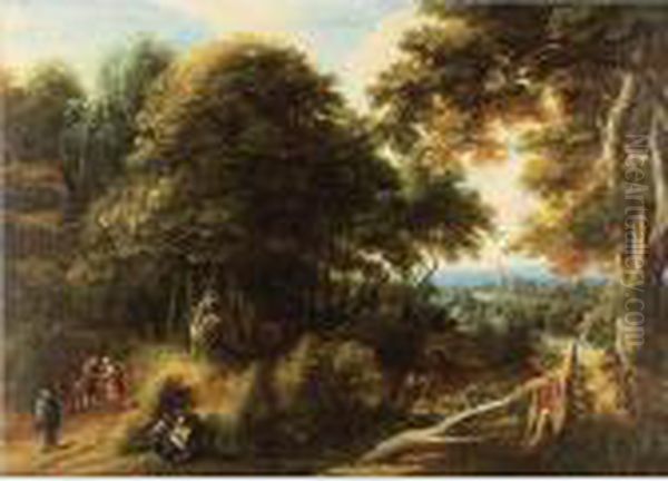 Extensive Landscape With Travelers And A Town In A Distance Oil Painting by Jaques D'Arthois