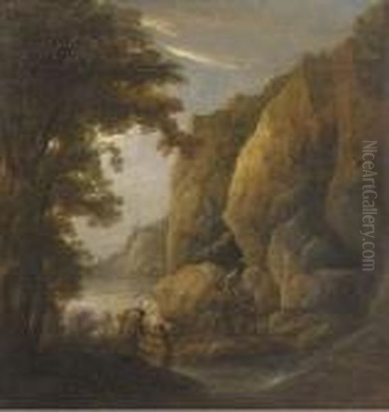 A Mountain Gorge With Travellers On A Path Oil Painting by Jaques D'Arthois