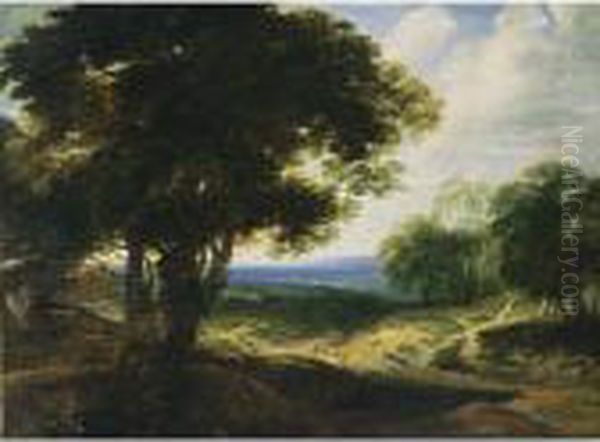 An Extensive Wooded Landscape 
With Travellers Resting On A Path And A Horse- Drawn Cart On The Left Oil Painting by Jaques D'Arthois