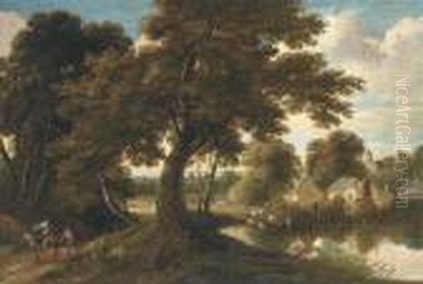 A Wooded Village Landscape With A
 Drover And His Cattle Crossing A Ford And Figures On A Track Oil Painting by Jaques D'Arthois