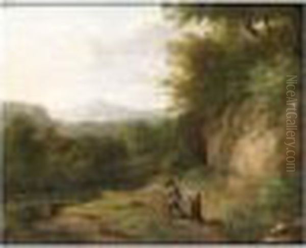 Travellers On A Path In A Wooded Landscape Oil Painting by Jaques D'Arthois