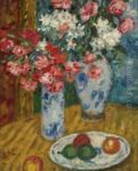 Fruits Et Deux Vases De Fleurs Oil Painting by Georges dEspagnat