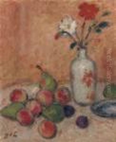 Peches, 
Poires Au Vase Fleuri Oil Painting by Georges dEspagnat