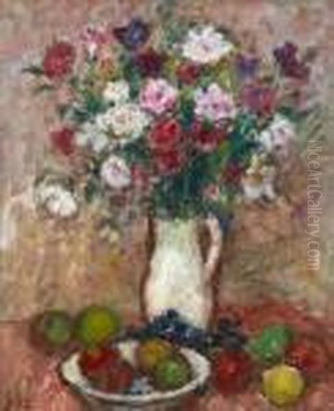 Nature Morte Au Bouquet De Fleurs Et Coupe De Fruits Oil Painting by Georges dEspagnat