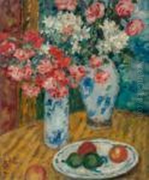 Fruits Et Deux Vases De Fleurs Oil Painting by Georges dEspagnat