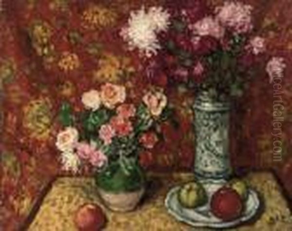 Pommes Et Vase De Fleurs Oil Painting by Georges dEspagnat