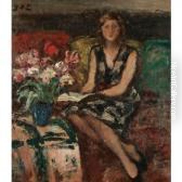 Femme Au Bouquet Des Fleurs Dans L'interieur Oil Painting by Georges dEspagnat