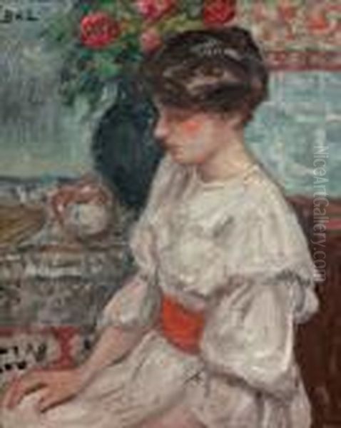 Portrait De Jeune Fille A La Robe Blanche Et A La Ceinture Rouge Oil Painting by Georges dEspagnat