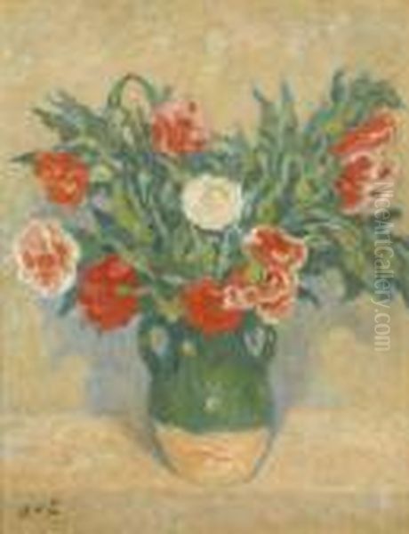 Stillleben Mit Pfingstrosen In Braun-gruner Vase. Oil Painting by Georges dEspagnat